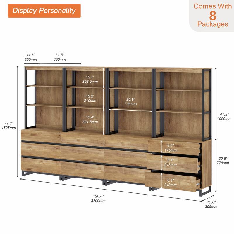 WAMPAT Modern 72" Tall Bookcase with Drawers and Open Book Shelfs, Library Book Shelf for Home Office, Living Room