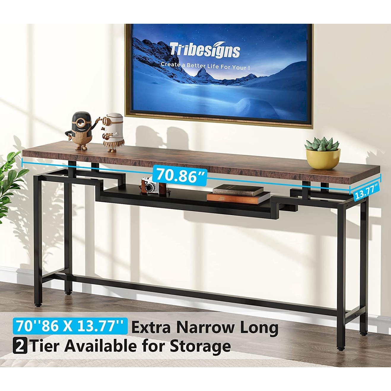 70 Inches Sofa Table with 2 Drawers, Extra Long Console Table with Storage  Shelves