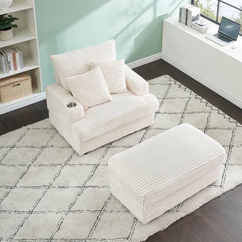 Modern Corduroy 1-Seater Sofa with Ottoman Bench and Cup Holder, Plush Gray Couch with Pillows