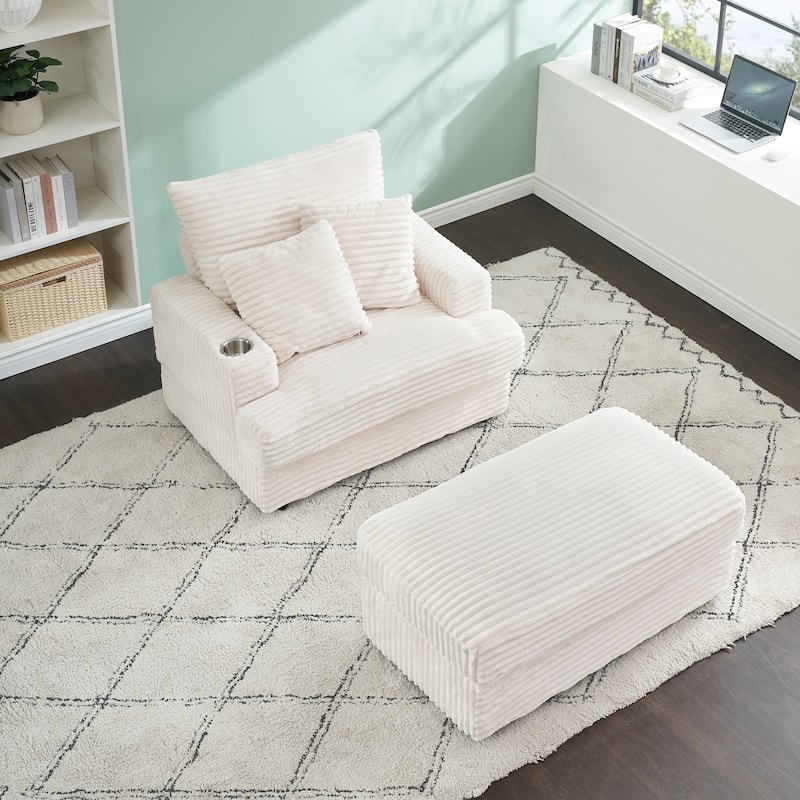 White 39.37" Corduroy Upholstered Single Armchair Sofa with Ottoman and Cup Holder for Lving Room