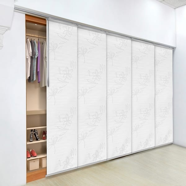 slide 2 of 10, InStyleDesign Floret 5-Panel Single Rail Panel Track / Room Divider / Blinds 58"-110"W, Panel width 23.5" 110"W x 94"H - Satin Nickel Track