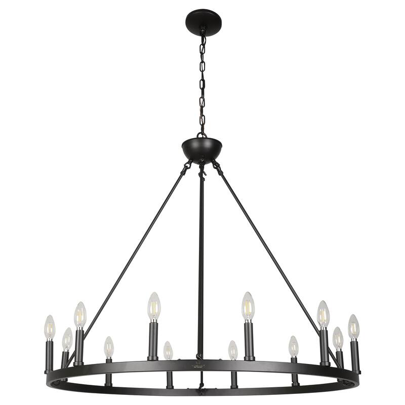 12 Light Chandelier Wagon Wheel (37” Wide) Matte Black Steel Frame