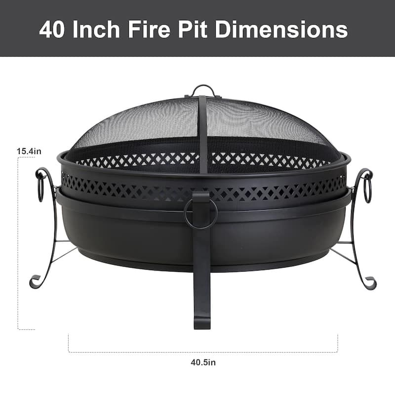Black Cross Weave Large Round Steel Wood Burning Fire Pit with Spark Screen