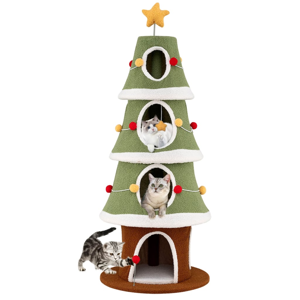 Costway 61”Large Christmas Cat Tree with 4 Condos, Sisal Carpet, - as pic shows - See Details