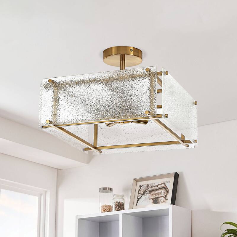 Modern 4 Light Semi Flush Mount Textured Glass Black Metal Design - Brushed Gold