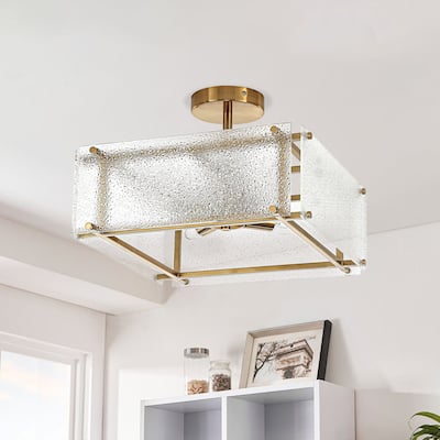 Modern 4 Light Semi Flush Mount Textured Glass Black Metal Design