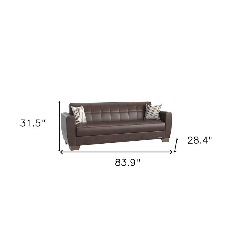 HomeRoots 84" Brown Faux Leather Convertible Futon Sleeper Sofa And Toss Pillows With Storage