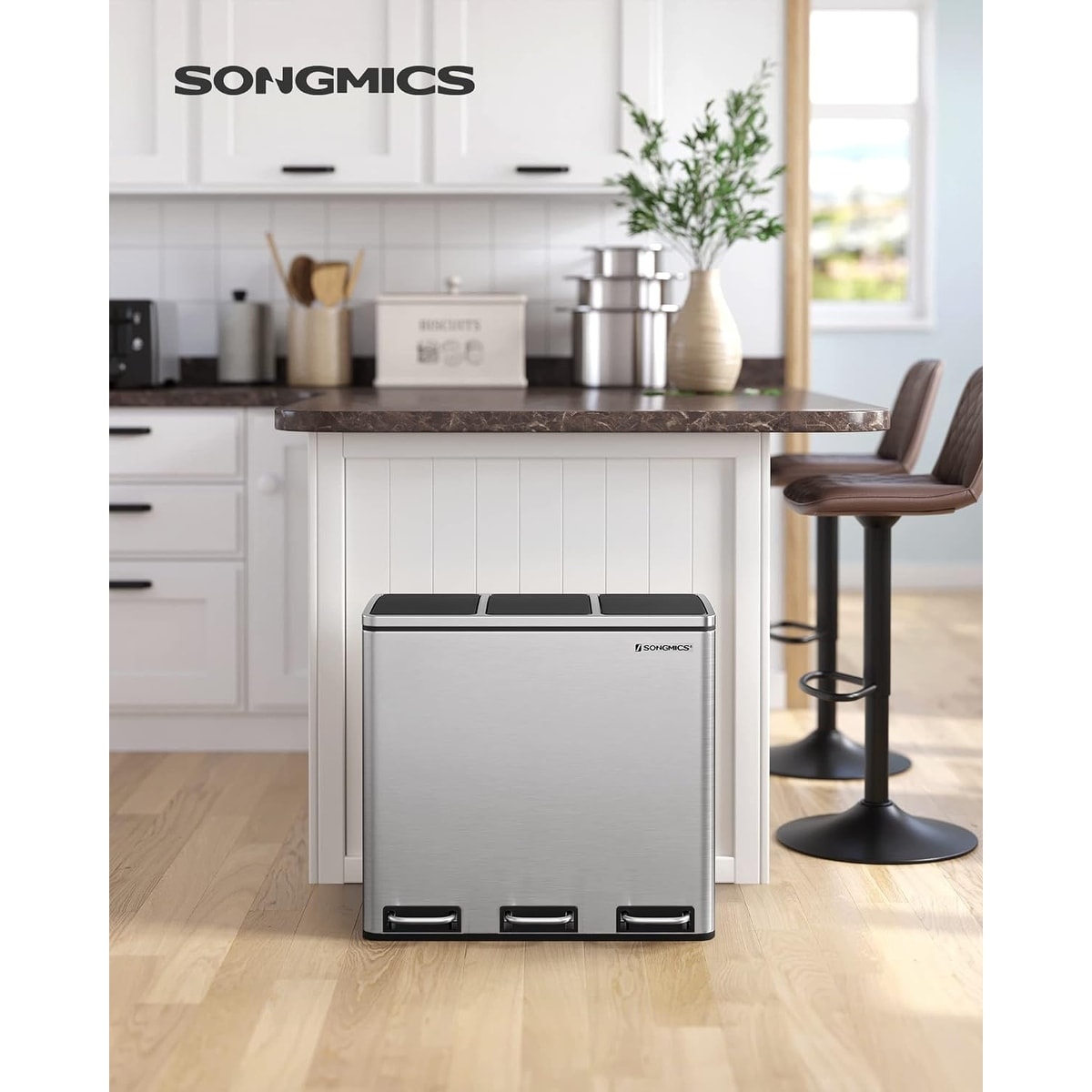 SONGMICS Trash Can, 14.4 Gallon Garbage Can, Stainless Steel