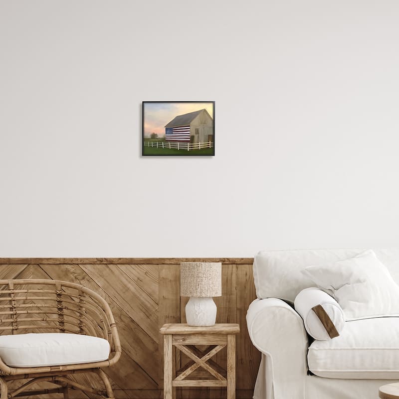 Stupell American Flag Rural Barn Sunset Farm Landscape Framed Wall Art, Design by Amy Hall - Multi