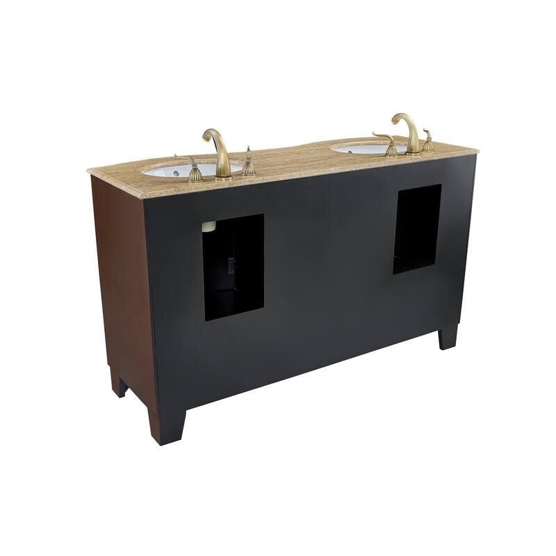 60 in. W x 22 in. D x 36 in. H Dark Cherry Bath Vanity with Double Sink and Brown Travertine Top, Ample storage
