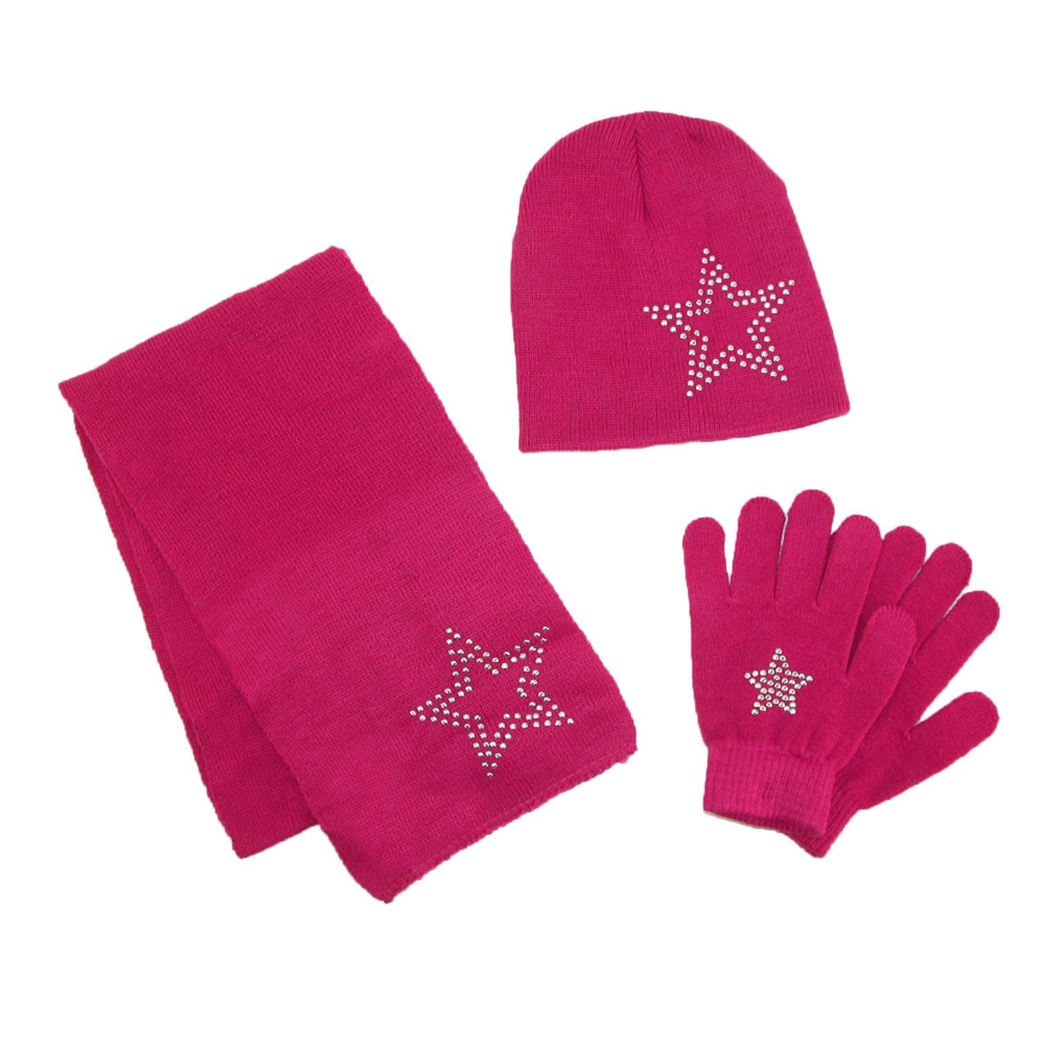 CTM/® Girls Stud Accent Hat Glove and Scarf Winter Set Pink