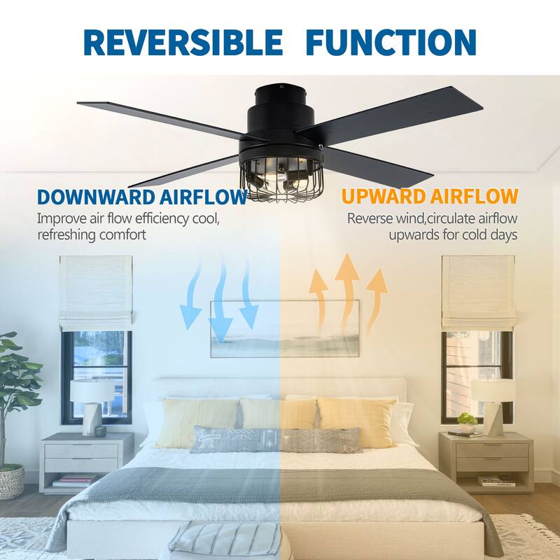 Chichoice 52" Noiseless Black Modern Flush Mount Ceiling Fan Reversible Blades with Light 6 speed Timing Remote Control