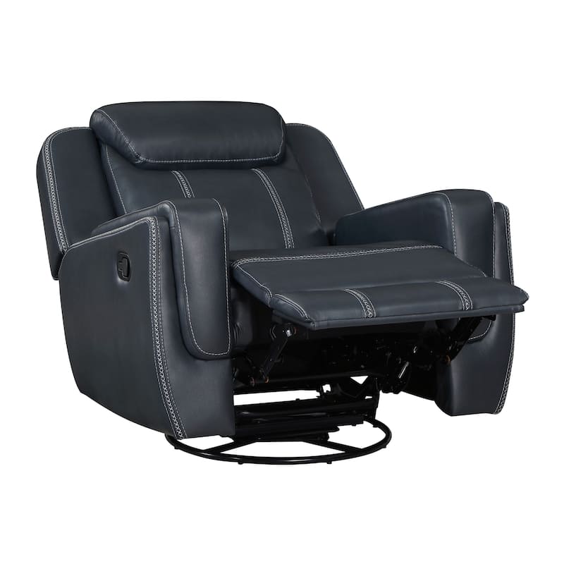 Louise 40 Inch Swivel Glider Manual Recliner Chair, Blue Faux Leather