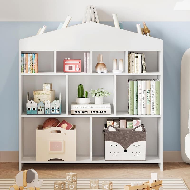 Kids Bookshelf and Toy Storage, 41" Wide 15-Cubby Wooden Bookcase