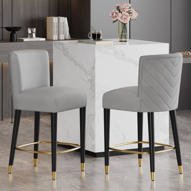 Roomfitters 27'' Upholstered Counter Stools, Set of 2 Modern Bar Chairs with Gold Circular Footrest and Light Fabric - Grey