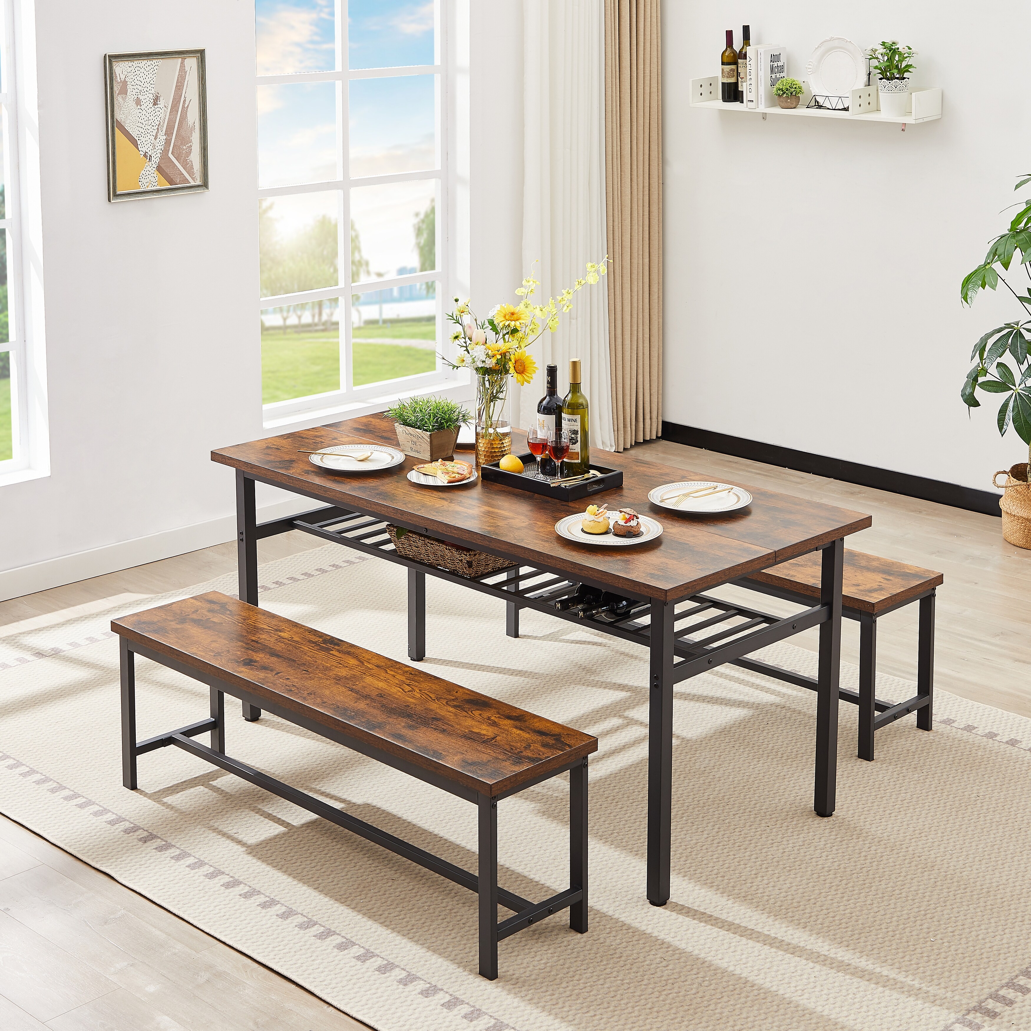 Rectangular 3PC Sets Fixed Dining Table Set with Bench Seating and