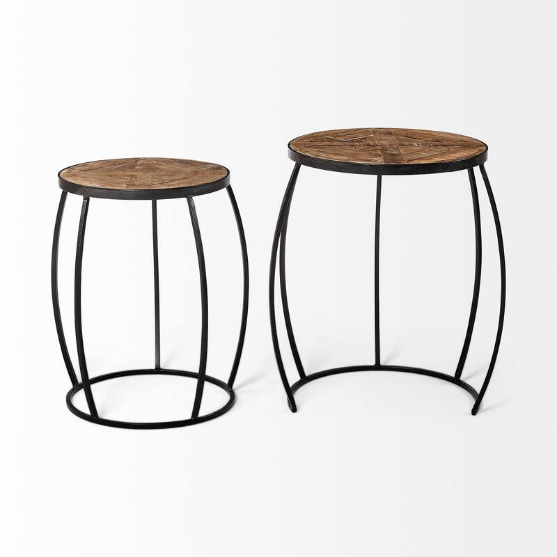 Clapp IV Medium Brown Solid Wood w/ Black Iron Frame Nesting Accent Tables - 20"L x 20"W x 26"H