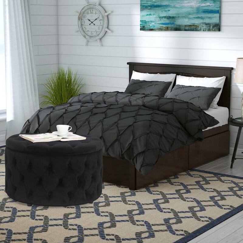 Adeco Round Velvet Storage Ottoman Button Tufted Footrest Coffee Table