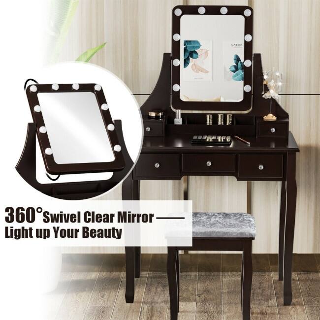Vanity Dressing Table Set with 10 Dimmable Bulbs and Cushioned Stool - 31.5" x 16" x 53"(L x W x H)