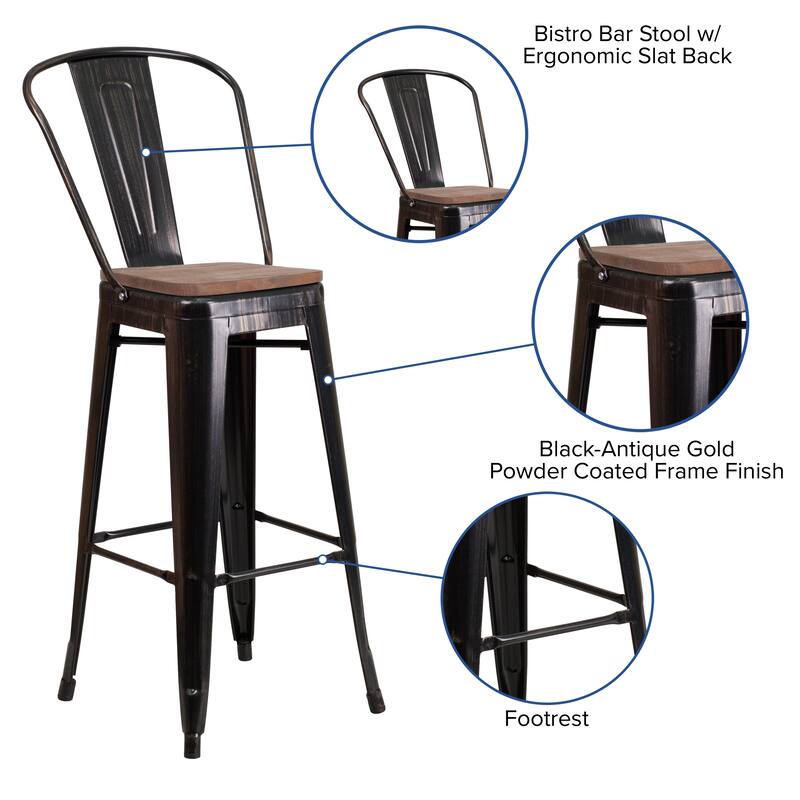 30" High Metal Barstool with Back and Wood Seat - 17.75"W x 20"D x 45.25"H