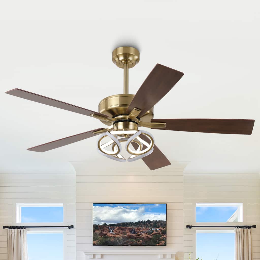 52" Gold Plywood Modern Dimmable Smart Ceiling Fan with LED Light and Remote, App Control