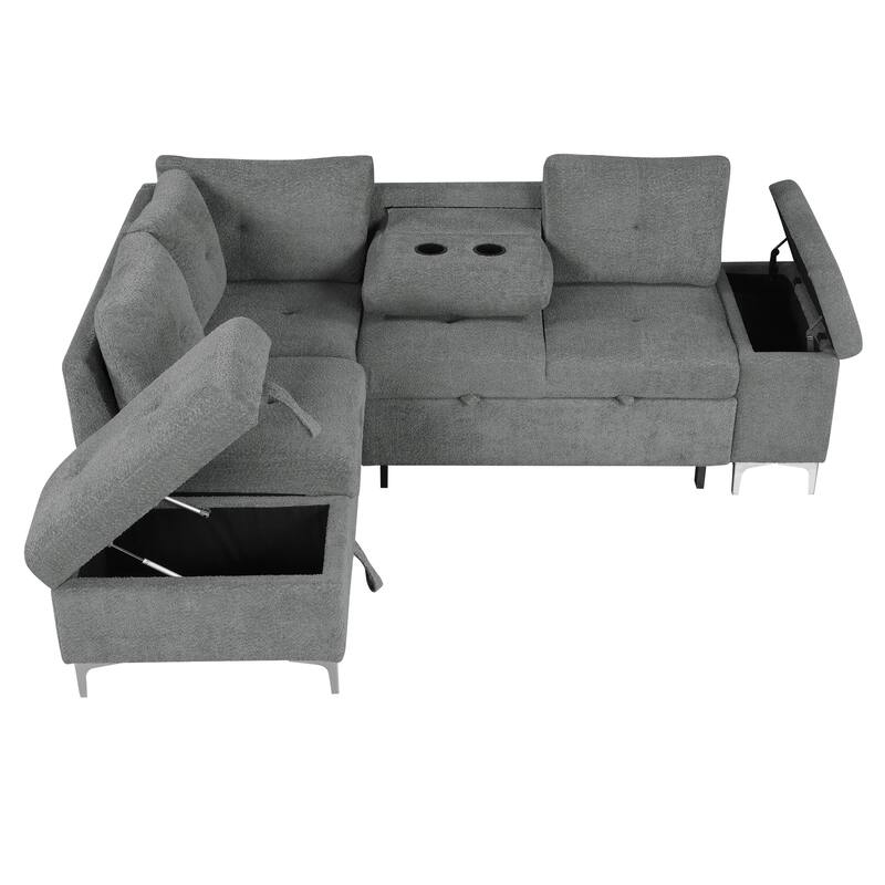Contemporary L Shaped Sectional Sofa with Storage Ottoman and USB Ports and Drop Down Table for Living Room
