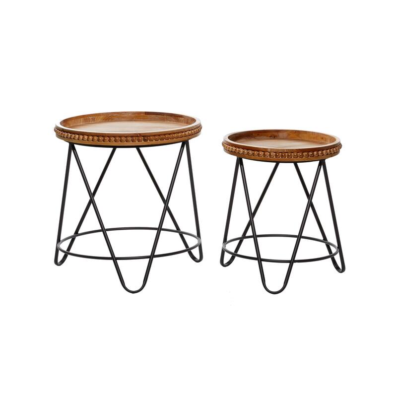 Metal Beaded Accent Table with Brown Wood Tops - Set of 2 Black - Roche River Decor