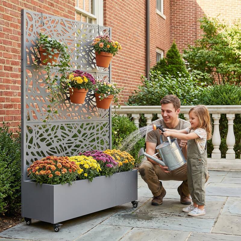 Metal Galvanized Planter Box with Trellis Privacy Screen Lockable Wheels