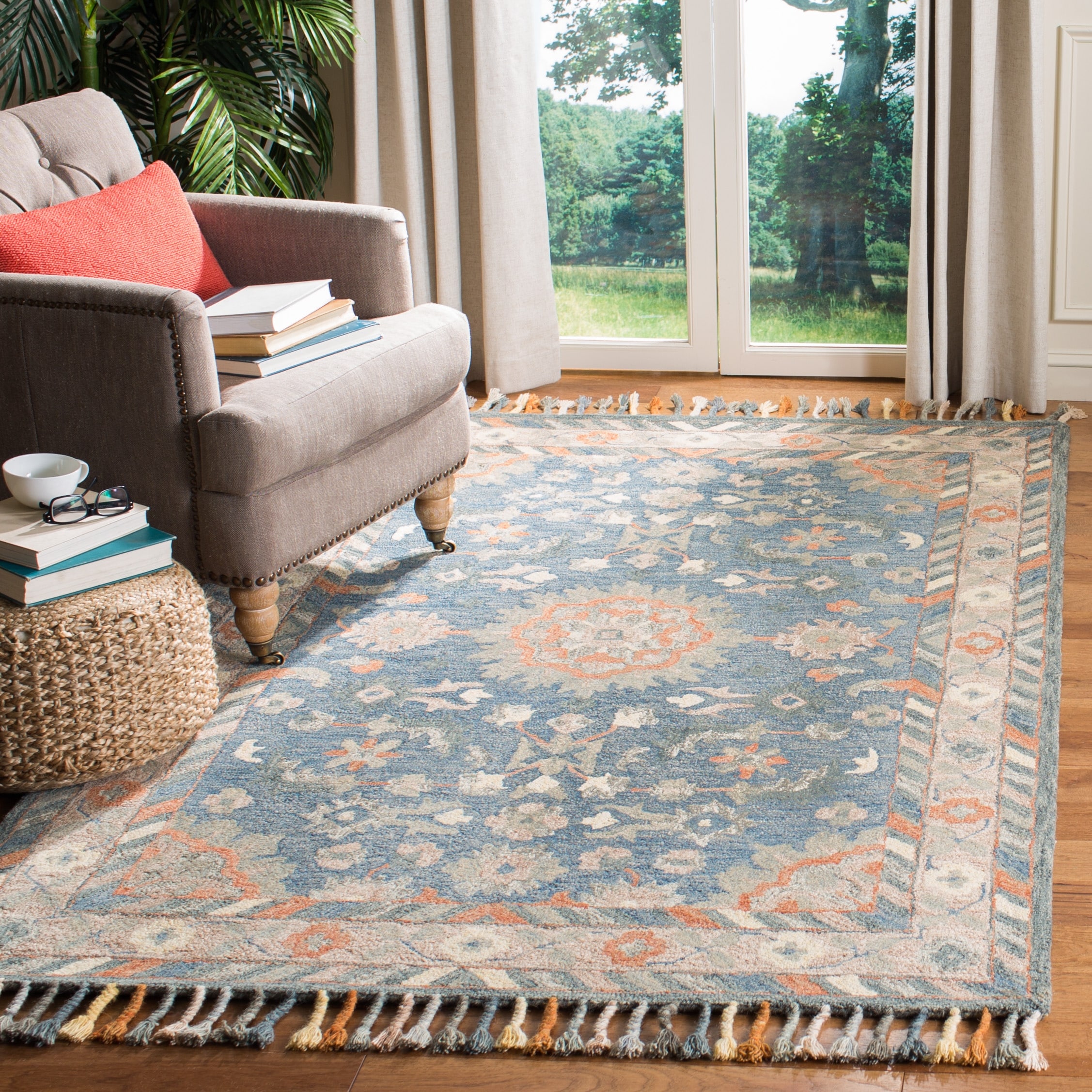2' X 3' Blue Floral Botanical Traditional Rectangle Contains Latex Handmade Hand-Tufted Navy/Brown Wool Area Rug