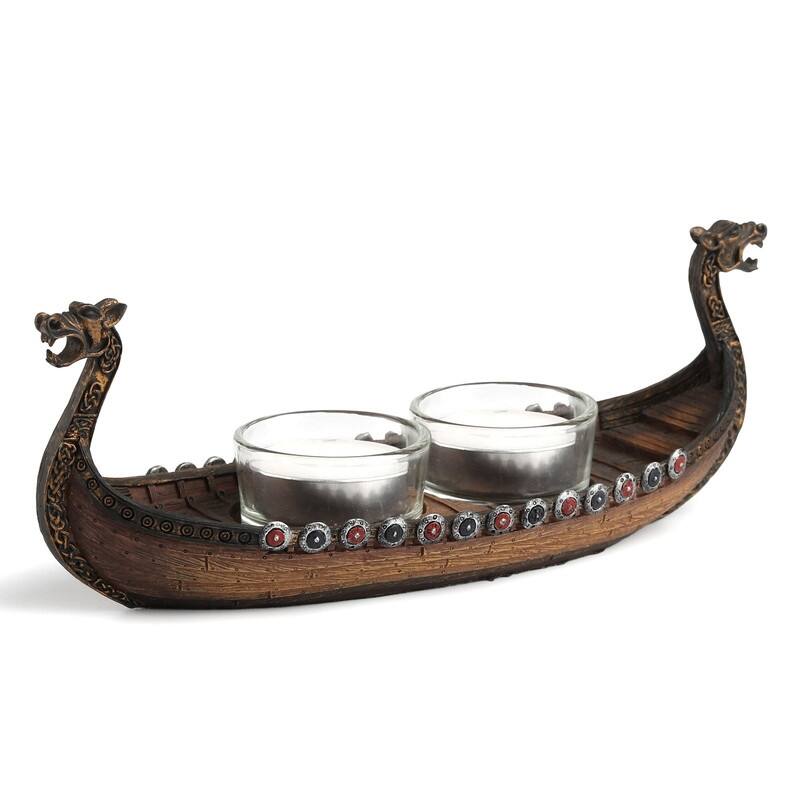 8.07 inches Width Polyresin Viking Boat Tea Light Holder Multicolor Finish Figurine