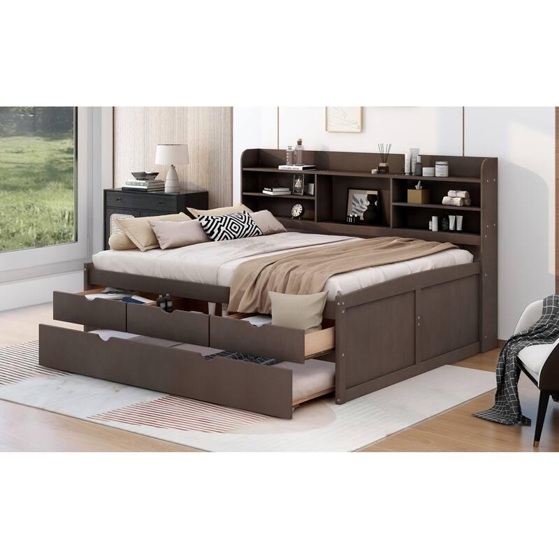 Full Size Wooden Bed with Bookcase Headboard, Three Storage Drawers, and Trundle for Space-Saving Design
