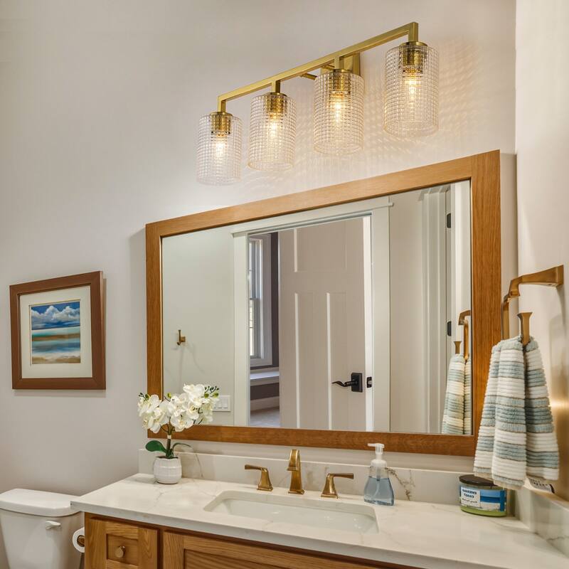 3/4-Light Modern Glass Wall Sconce Bathroom Vanity Light with Grid Glass Shades