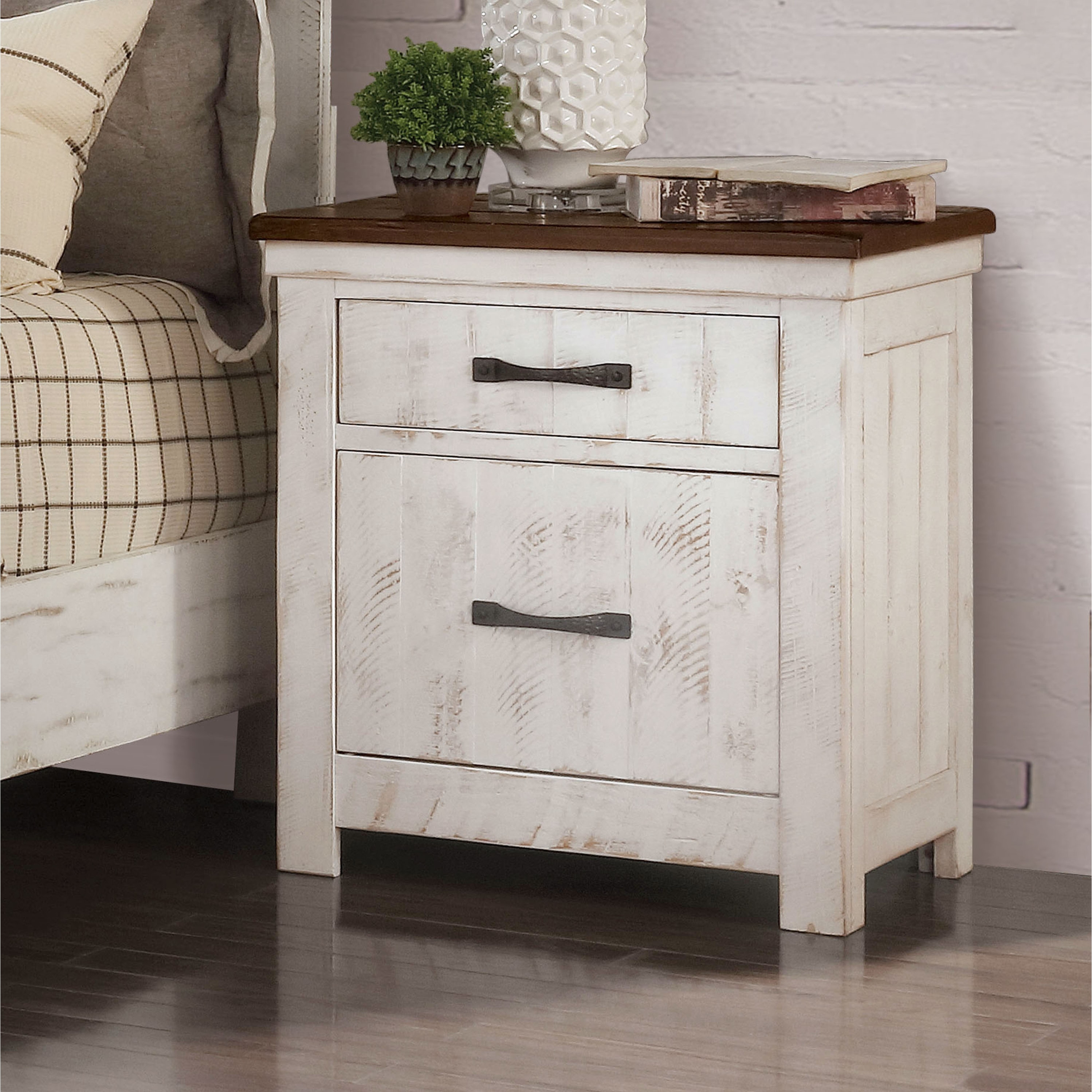 Furniture of America Ynez Farmhouse White Wood 2-Drawer Nightstand with USB Port