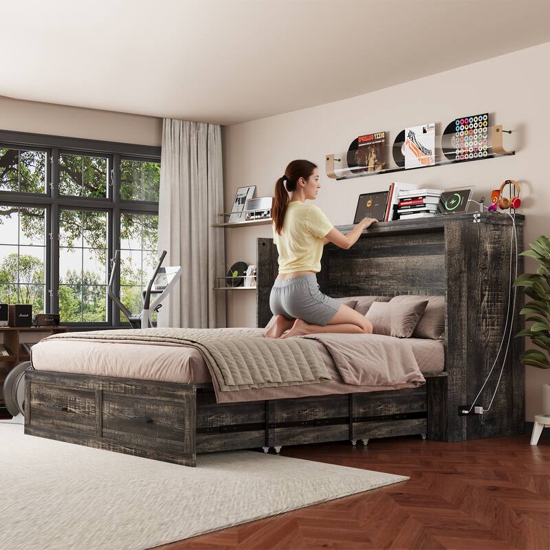 Queen Murphy Bed with Charging Station & Large Storage Drawer, Farmhouse Cabinet Hideaway Bed for Guest Room