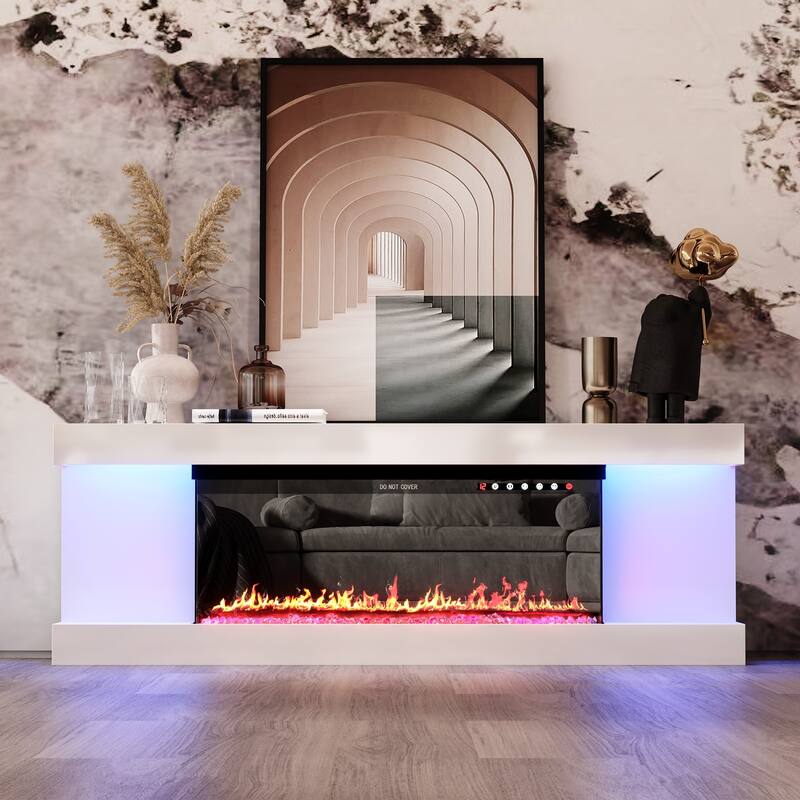Modern Electric Fireplace TV Stand, High Gloss White Console, 40" LED Insert