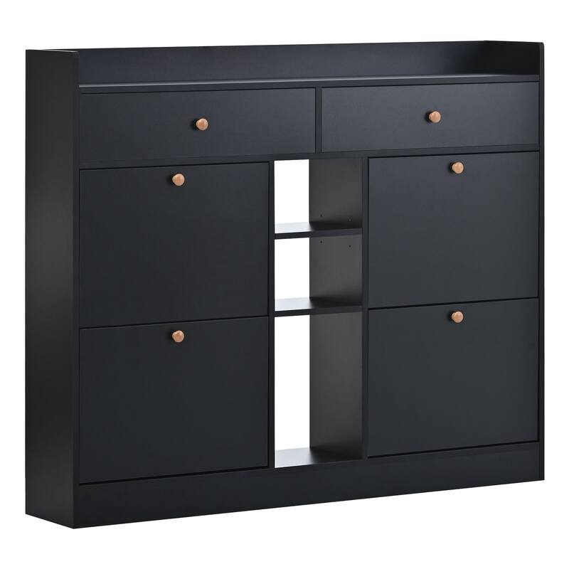 Large Flip Down Shoe Cabinet with Drawers, 2-Tier Wood Shoe Storage Organizer, Entryway Free Standing Narrow Shoe Rack