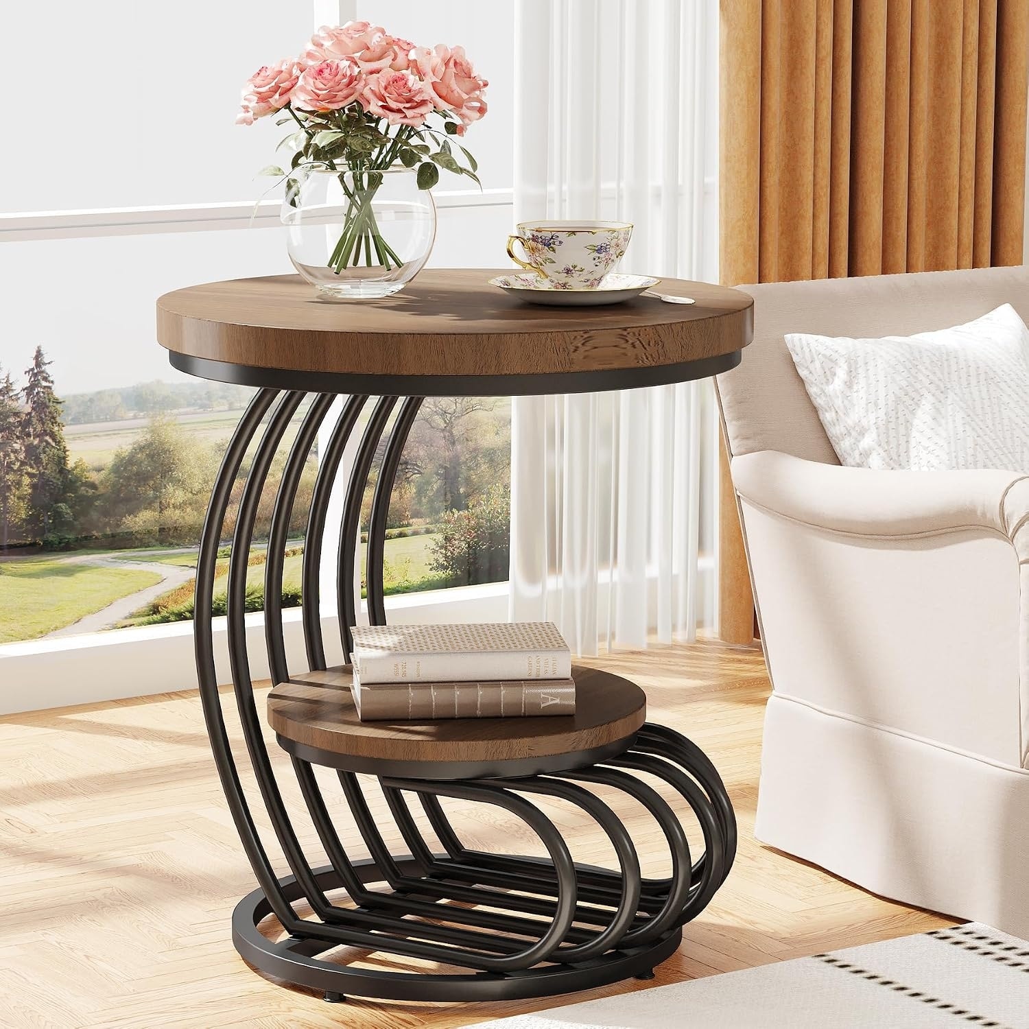 19.7-Inch Round End Table, 2-Tier Farmhouse Side Table