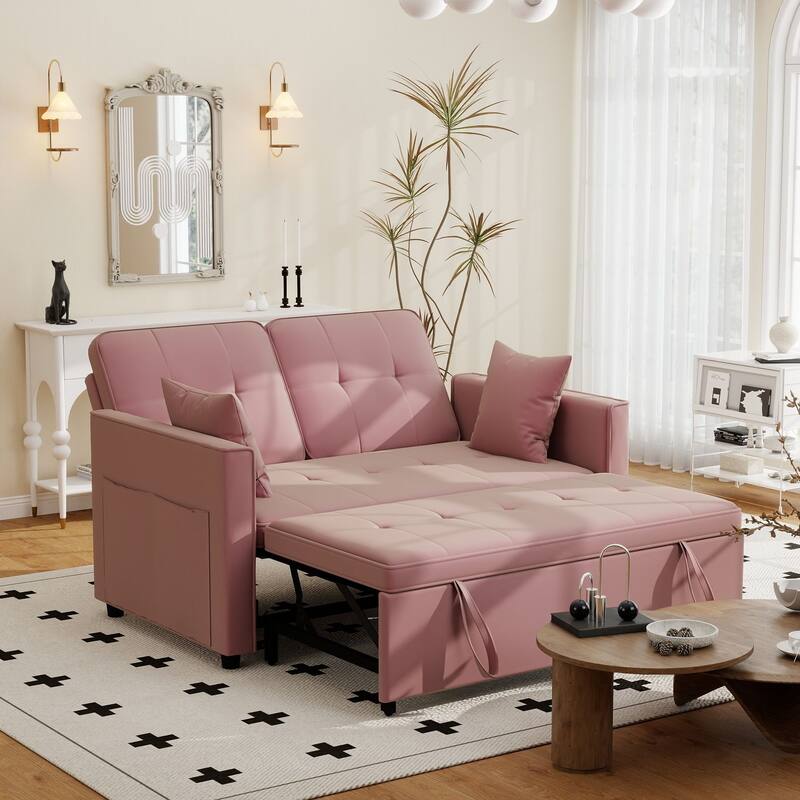 3 in 1 Convertible Sleeper Sofa Bed, Futon Couches for Living Room with Side Pocket, Adjustable Backrest