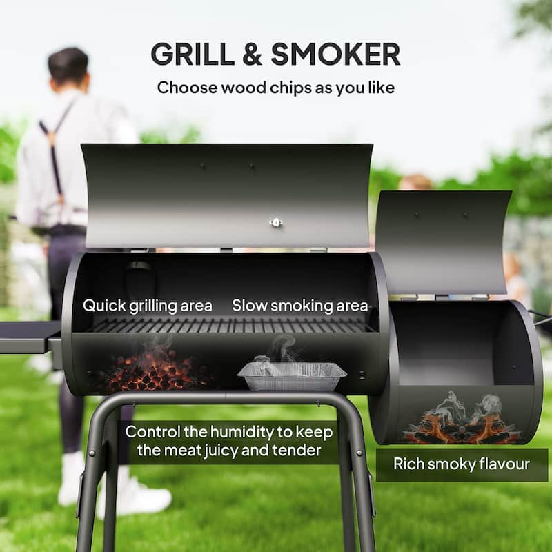Outsunny Steel Portable Backyard Charcoal BBQ Grill and Offset Smoker - N/A