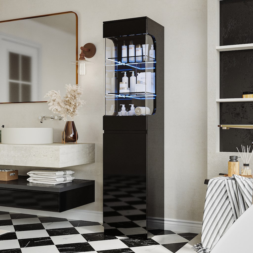 70" Bathroom Cabinet with LED Lighting Black Floor Storage Cabinet