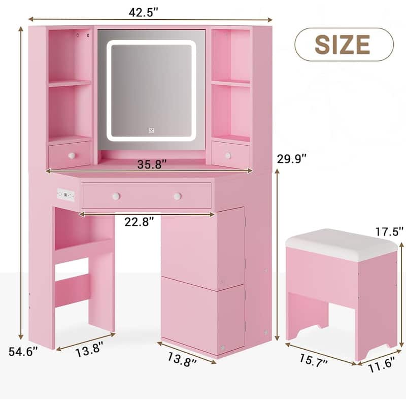 Corner Vanity Desk with Lighted Mirror Drawers Shelves Storage Stool