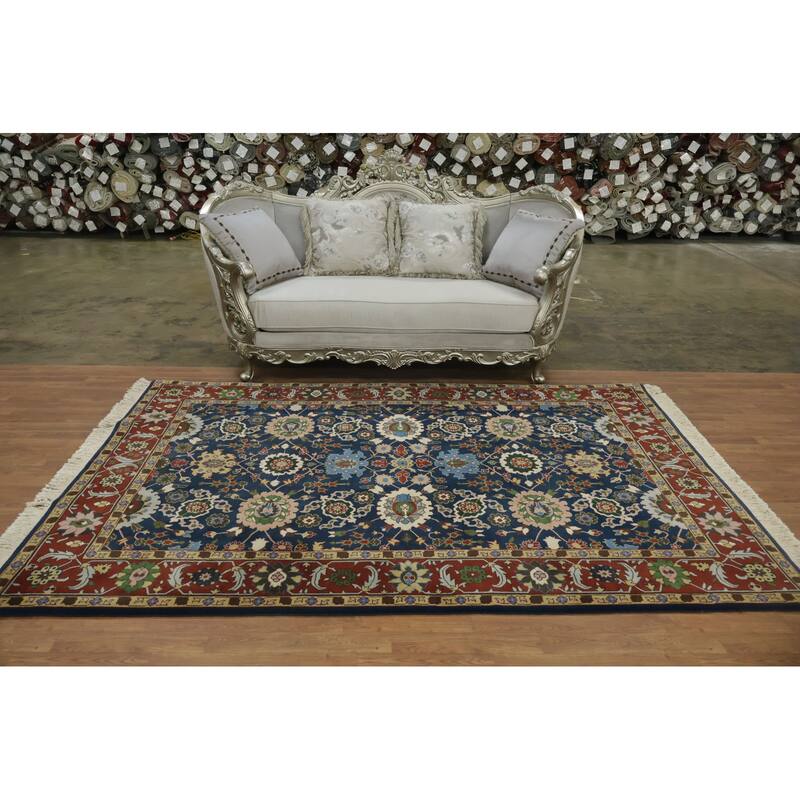 Hand Knotted Oriental 100% Wool Carpet Traditional All-Over Navy Blue & Blues Agra Area Rug - 9' 1'' X 6' 1''
