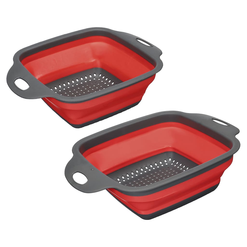 Collapsible Colander Set, 2 Size Silicone Square Foldable Strainer - Red - 29cm x 22cm x 9cm