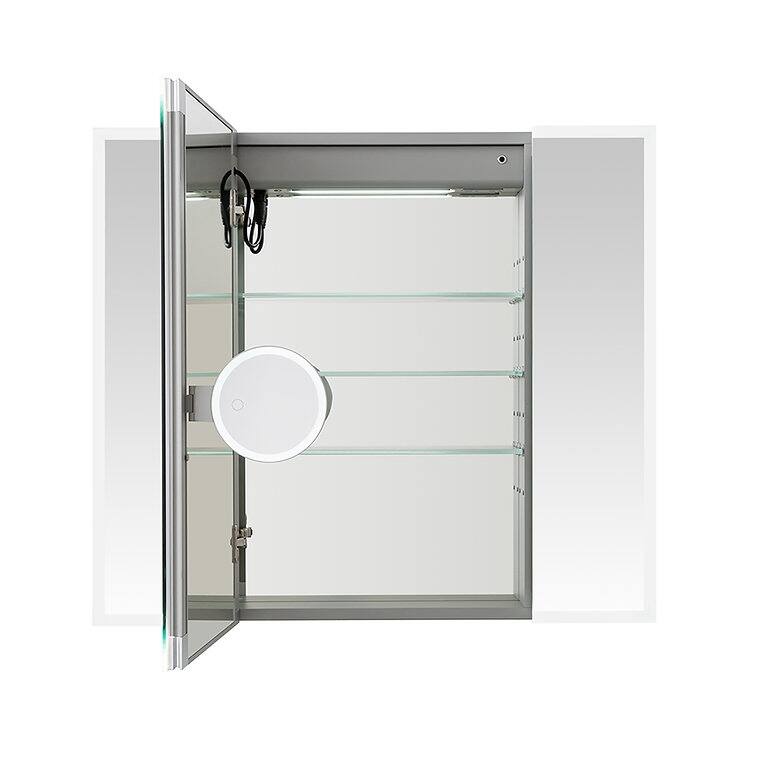 AQUADOM Edge Royale 36W Bathroom Led Lighted Medicine Cabinet Defogger, 3X LED Adjustable Magnifying Mirror, Electrical Outlets