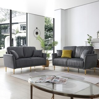 Grey Velvet Couch and Sofa Set for Living Room, 2 Piece Modern 2 Seat ...