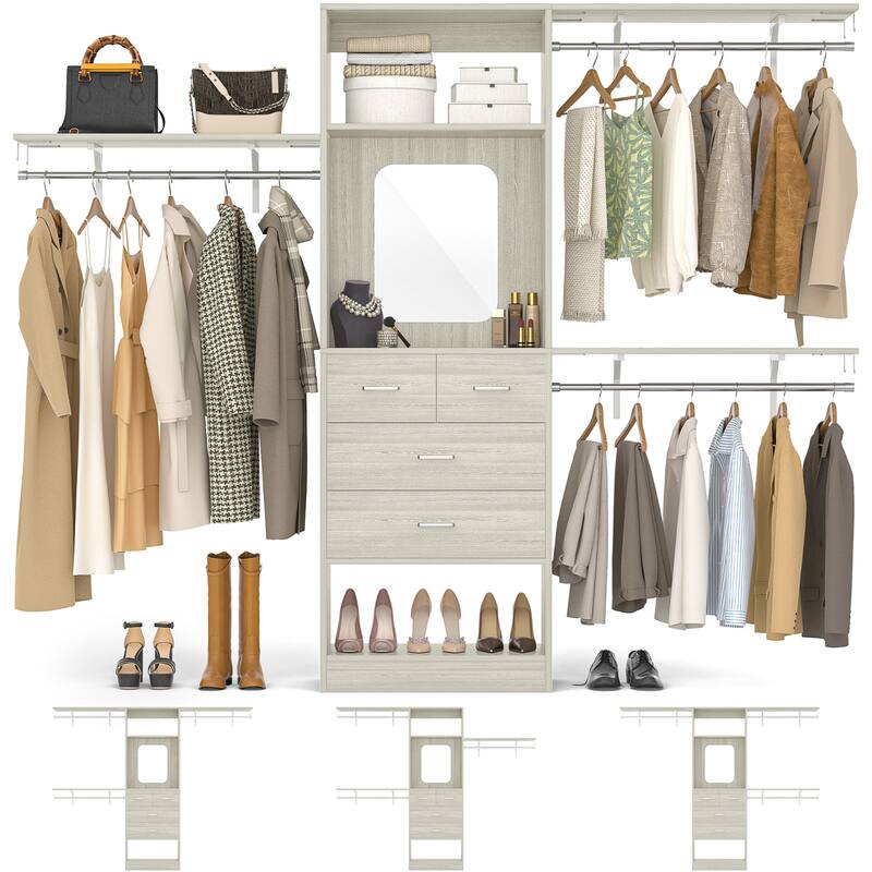 25'' - 96" W Closet System with 4 Wooden Drawers and Mirror, Walk-in Closet Organizer Kits with 3 Extendable Hanging Rods