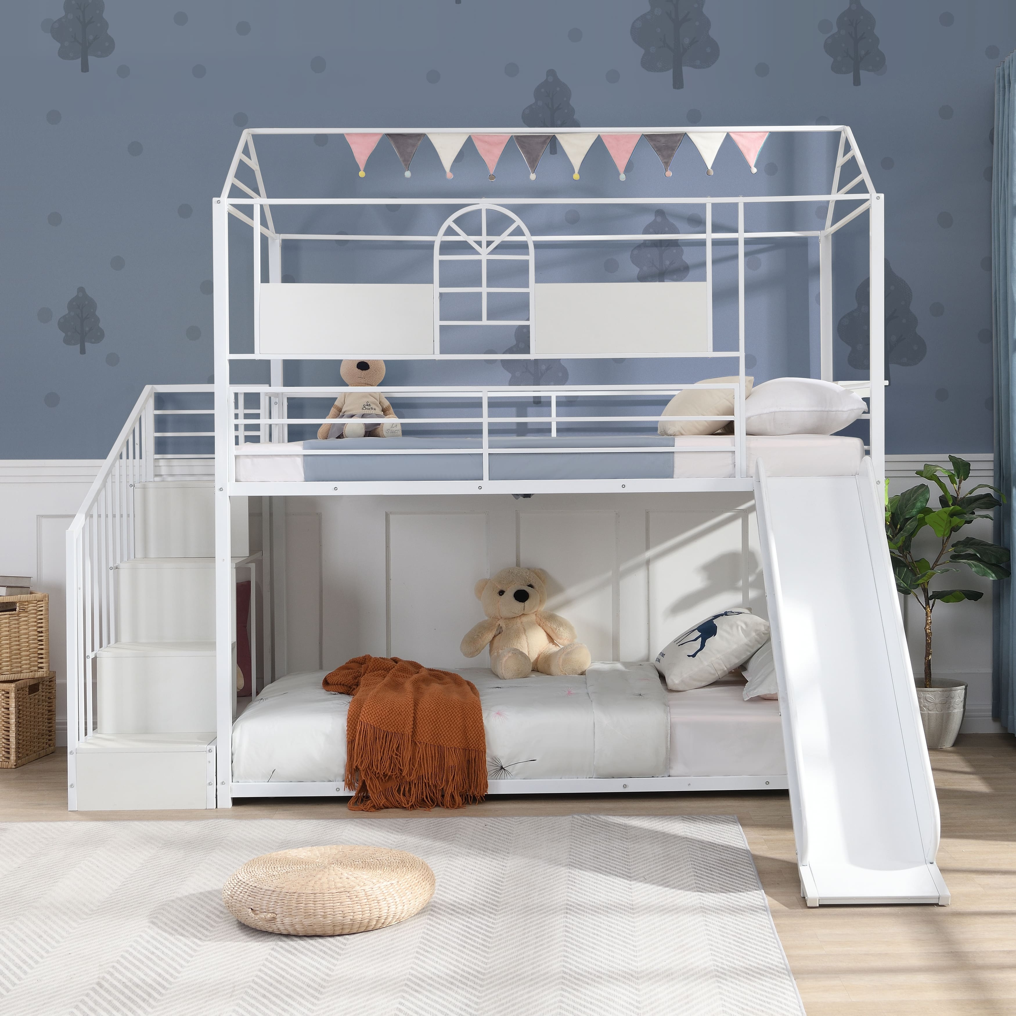 Twin Over Twin Metal House Bunk Bed with Slides and Storage Stairs