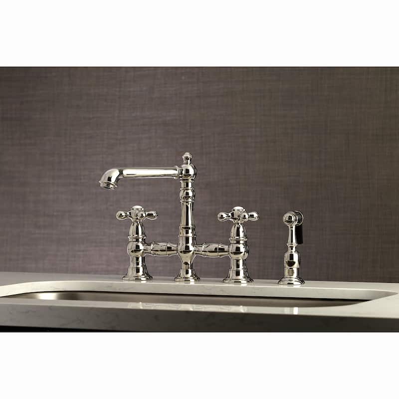 English Country Bridge Kitchen Faucet with Sprayer in Matte Black