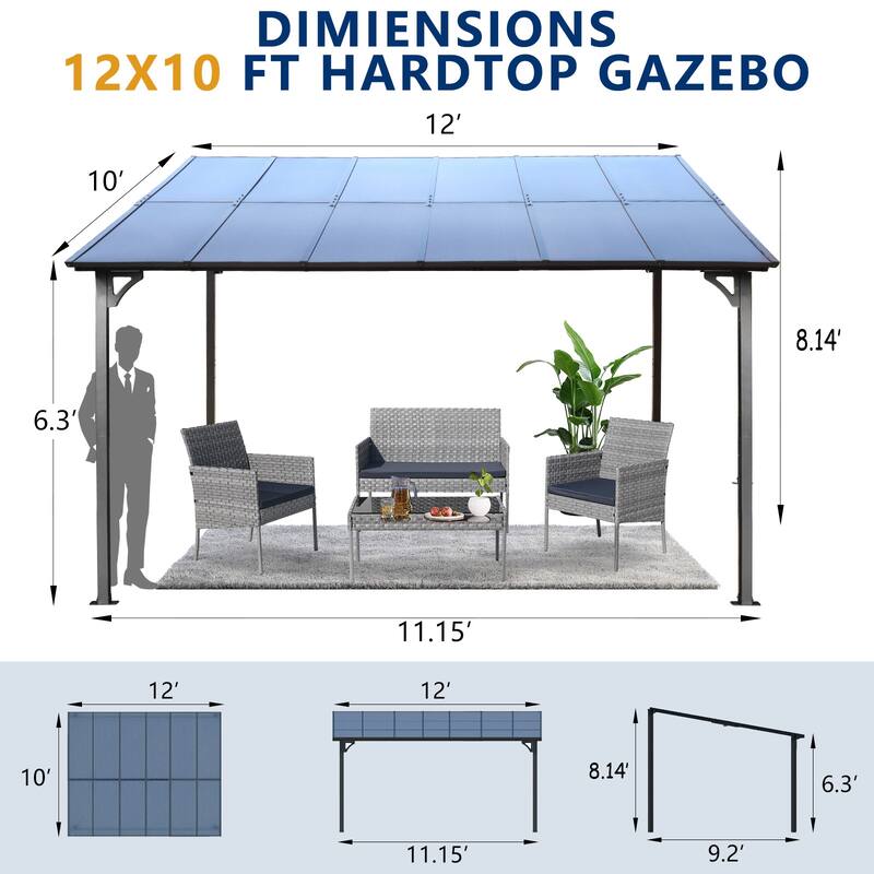 10'x12' Wall-Mounted Metal Pergola Gazebo with Polycarbonate Roof for Patio, Deck & Backyard