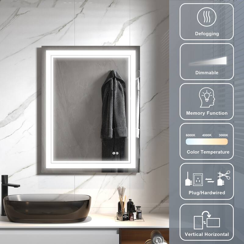 Retangular Wall Mounted LED Bathroom Mirror With Touch Switch Memory Mirror Anti-Fog (Horizontal/Vertical)